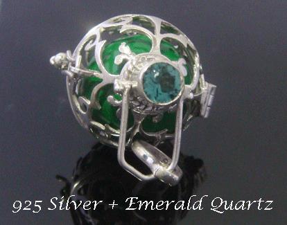 Harmony Ball with Emerald Quartz Gemstone, Sterling Silver Cage - Click Image to Close